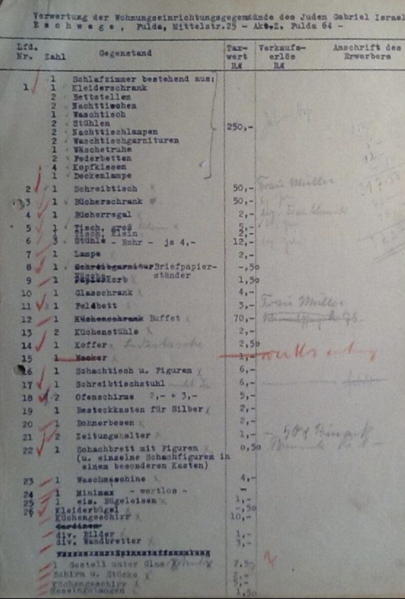 Liste des versteigerten Hausinventars von Gabriel Eschweges Familie; Quelle Stadtarchiv Fulda