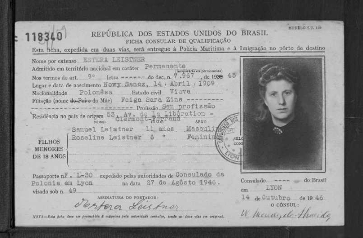 Erna (Estera) Leistners, geb. Herbstmann brasilianische Immigrationskarte