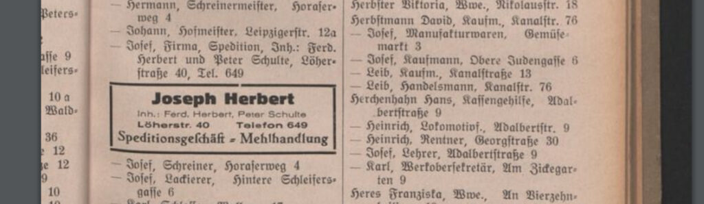 Auszug aus Fuldas Adressbuch 1928, rechts der Eintrag Leib Herbstmann